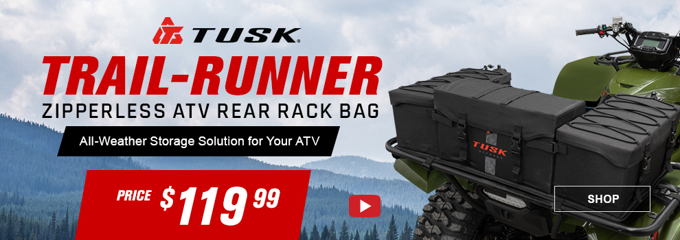 Tusk Trail-Runner zipperless ATV rear rack bag, all-weather storage solution for your ATV, price one hundred and nineteen dollars and ninety nine cents, SHOP button